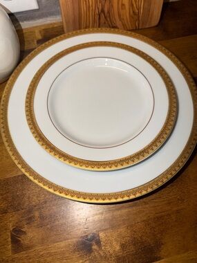 Elegant White Porcelain Dinner Plates with Gold Trim 8 Dinner, 8 salad plates